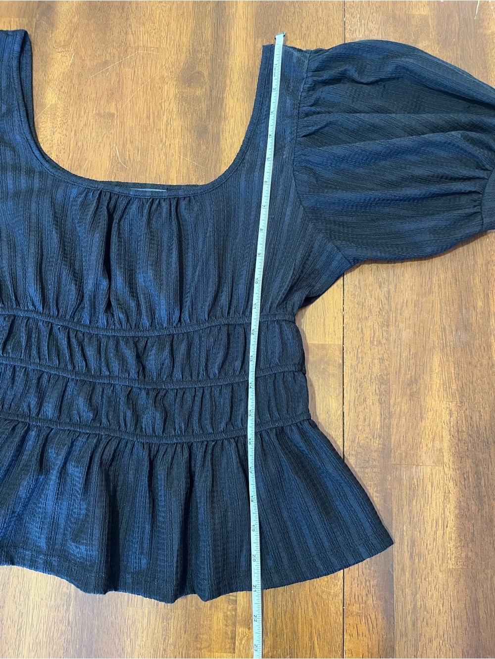 Maeve Anthropologie Black Smocked Peplum Blouse with Puff Sleeves - Picture 6 of 6